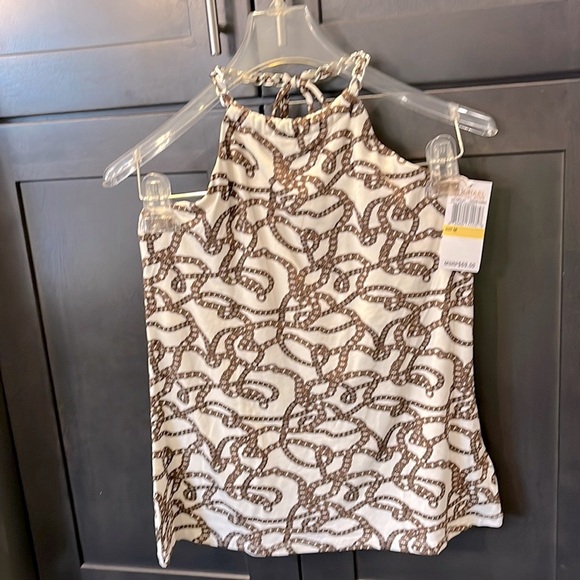 Michael Kors Summer Top. Cream with brown chain design. Size M Ties on neck - Picture 4 of 15